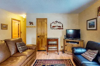a living room with a couch and a flat screen tv at Saxon Creek in Mevers