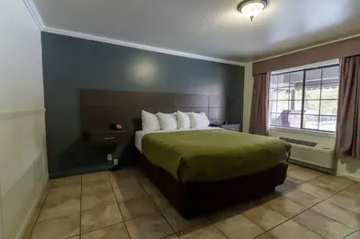 a bedroom with a bed with a green bedspread and a window at Econo Lodge Inn & Suites Heavenly Village Area in South Lake Tahoe