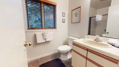 a bathroom with a toilet and a sink and a window at Bridges Townhome #09 Condo in Mammoth Lakes