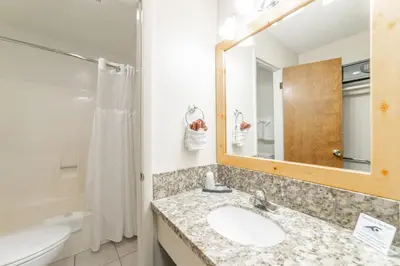 a bathroom with a sink and a toilet and a mirror at Alpenhof Lodge in Mammoth Lakes
