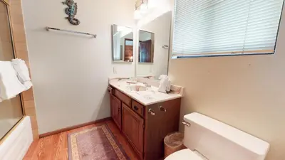a bathroom with a sink and a toilet and a mirror at Snowflower #74 Condo in Mammoth Lakes