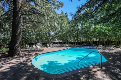 a swimming pool in a yard with trees at Chateau de Montagne #29 Condo in Mammoth Lakes