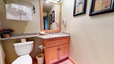 a bathroom with a toilet and a sink and a mirror at Sunstone #208 Condo in Mammoth Lakes