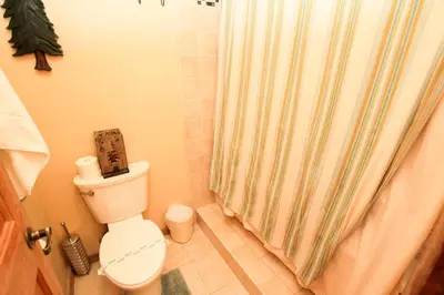 a bathroom with a toilet with a shower curtain at Mountainback 48 Corner Unit in Mammoth Lakes