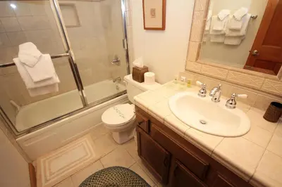 a bathroom with a sink and a toilet and a shower at Mountainback 45 Den in Mammoth Lakes