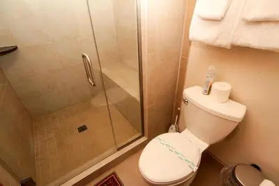 a bathroom with a shower and a toilet and a shower at Mountainback 41 Loft in Mammoth Lakes