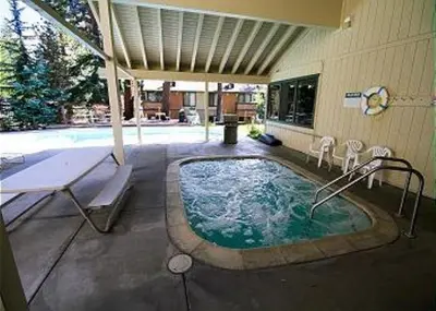 a swimming pool in the middle of a house at Discovery 4 #135 in Mammoth Lakes