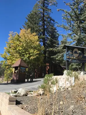 a gazebo on the side of a road with trees at Mammoth Ski Racquet Club 120 - Pet Friendly in Mammoth Lakes