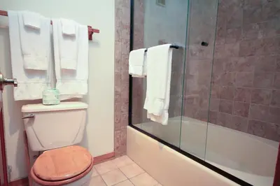 a bathroom with a toilet and a shower with towels at Mountainback 112 Corner Unit in Mammoth Lakes