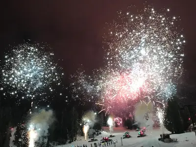 a group of trees with fireworks in the sky at Mountainback 112 Corner Unit in Mammoth Lakes