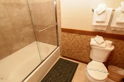 a bathroom with a shower and a toilet and a sink at Mountainback 94 in Mammoth Lakes