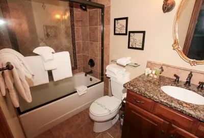 a bathroom with a toilet and a shower and a sink at Mammoth Ski Racquet Club 34 in Mammoth Lakes