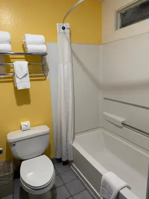 a bathroom with a white toilet and a bath tub at Hollister Inn in Hollister