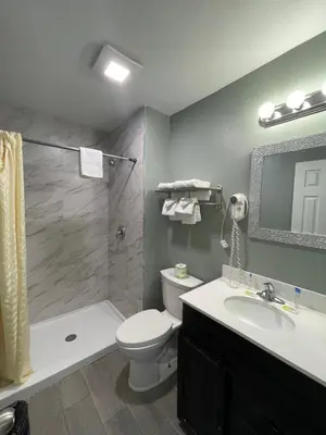 a bathroom with a toilet and a sink and a shower at Tahoe Hacienda Inn in South Lake Tahoe