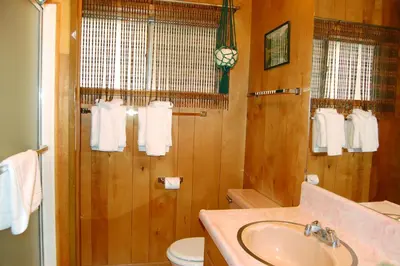 a bathroom with a sink and a shower with towels at 28 Raccoon's End in Wawona