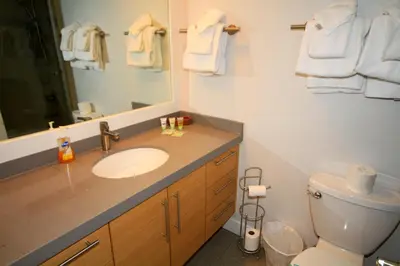 a bathroom with a sink and a toilet and a mirror at Mountainback 62 in Mammoth Lakes