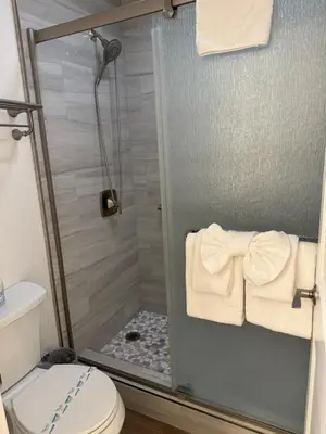 a bathroom with a shower with a toilet and towels at Horizons 4 169 2 Bedroom 2 Bath in Mammoth Lakes