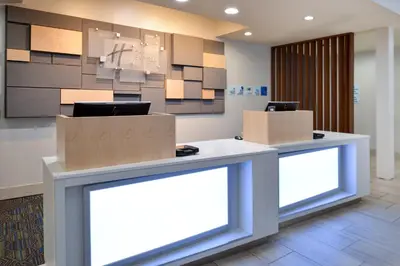 a lobby with two counters with boxes on them at Holiday Inn Express Lodi by IHG in Lodi