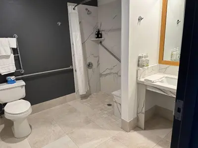 a bathroom with a toilet and a sink and a shower at Rocklin Park Hotel, Trademark Collection by Wyndham in Rocklin