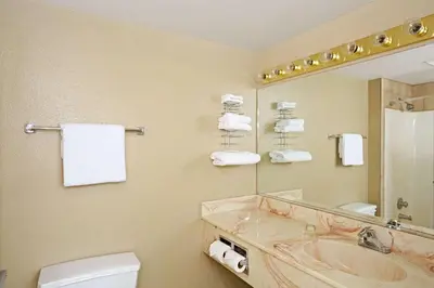 a bathroom with a sink and a toilet and a mirror at Topaz Lodge in Gardnerville