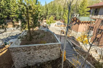 an overhead view of a garden in a stone wall at Village 1401 in Mammoth Lakes