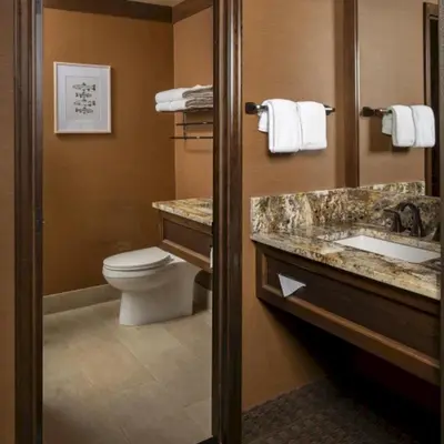 a bathroom with a toilet and a sink and a mirror at Wayfinder Bishop in Bishop