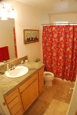 a bathroom with a sink and a toilet and a shower curtain at Big Tom's Cabin by Yosemite, lake and trails in Groveland
