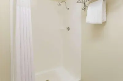 a bathroom with a shower with a white shower curtain at Days Inn by Wyndham Modesto in Modesto