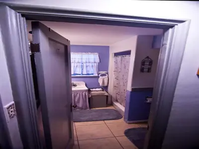 a small bathroom with a sink and a shower at Cozy Muir Cottage - In Town - Pet Friendly in Lone Pine