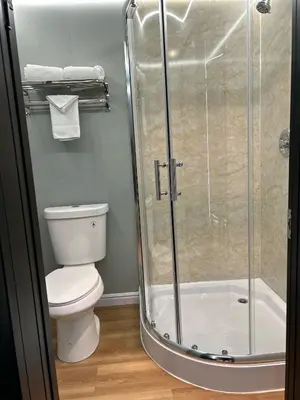 a bathroom with a toilet and a glass shower at Mountain View Motel in Bishop