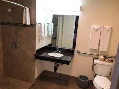 a bathroom with a sink and a toilet and a mirror at Trails Motel in Lone Pine