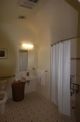 a bathroom with a shower and a toilet and a sink at Queen's Inn By The River in Oakhurst