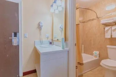 a bathroom with a sink and a toilet and a shower at The Monarch Inn in Mariposa