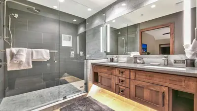 a bathroom with a sink and a shower at Zalanta 313 in South Lake Tahoe