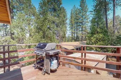 a grill on a deck with trees in the background at Rustic Retreat in Groveland
