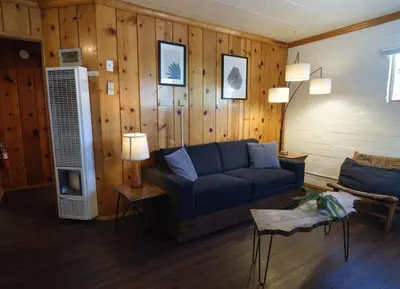 a living room with a blue couch and wooden walls at Lake Front Cabins in June Lake