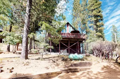 a house in the woods with a porch and a pumpkin at Forest Bears Hideout in Arnold