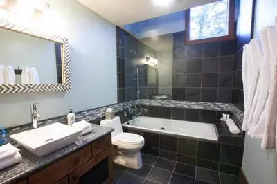 a bathroom with a tub and a toilet and a sink at Luxury Lodgepole Home at Northstar in Truckee