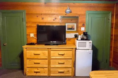 a television on a dresser with a microwave and a refrigerator at Shaver Lake Village Hotel in Shaver Lake