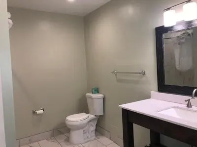 a bathroom with a toilet and a sink and a mirror at Hotel Elevation in South Lake Tahoe
