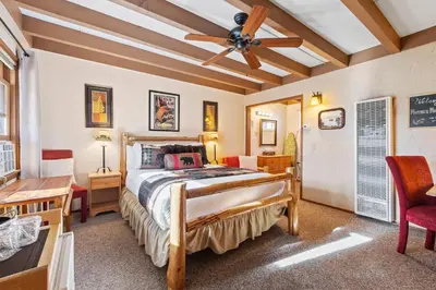 a bedroom with a bed and a ceiling fan at Mother Nature's Inn in Tahoe City