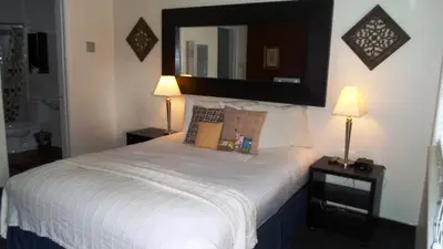 a bedroom with a bed with a mirror on the wall at Paradice Motel in South Lake Tahoe