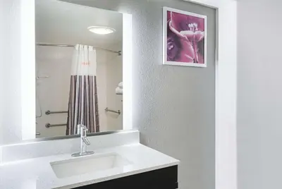 a bathroom with a sink and a mirror at La Quinta by Wyndham Rancho Cordova Sacramento in Rancho Cordova