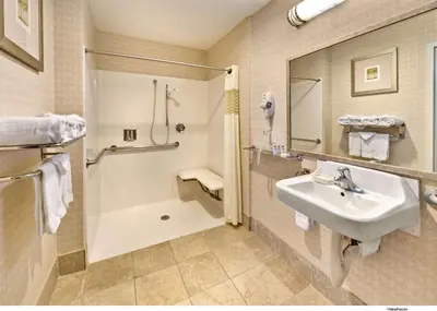 a bathroom with a sink and a shower at Hampton Inn & Suites Reno in Reno