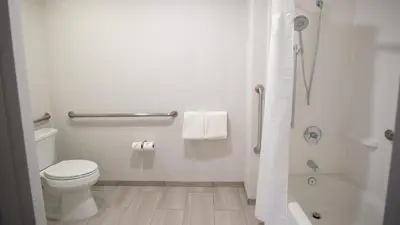 a white bathroom with a toilet and a shower at Holiday Inn Express Oakdale by IHG in Oakdale