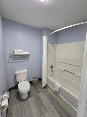 a bathroom with a white toilet and a bath tub at Quality Inn & Suites Tulare in Tulare