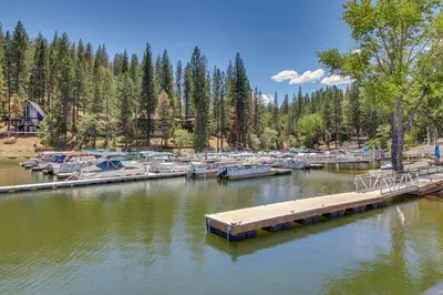 a marina with boats and a dock in the water at Escape to Yosemite in Groveland