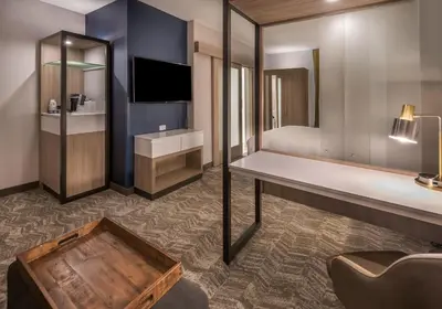 a hotel room with a bed and a large mirror at SpringHill Suites by Marriott Reno in Reno