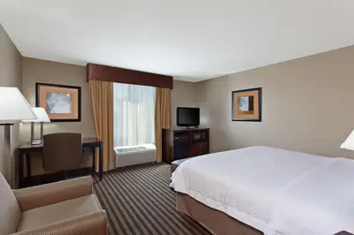 a hotel room with a bed and a desk and a television at Hampton Inn & Suites Fresno - Northwest in Herndon