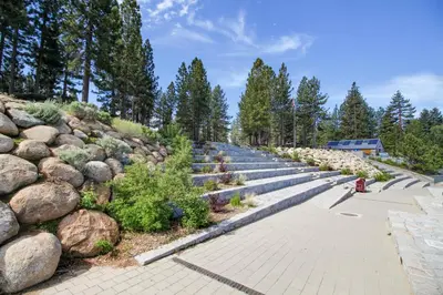 a garden with rocks and plants on a sidewalk at Cherry Retreat in South Lake Tahoe